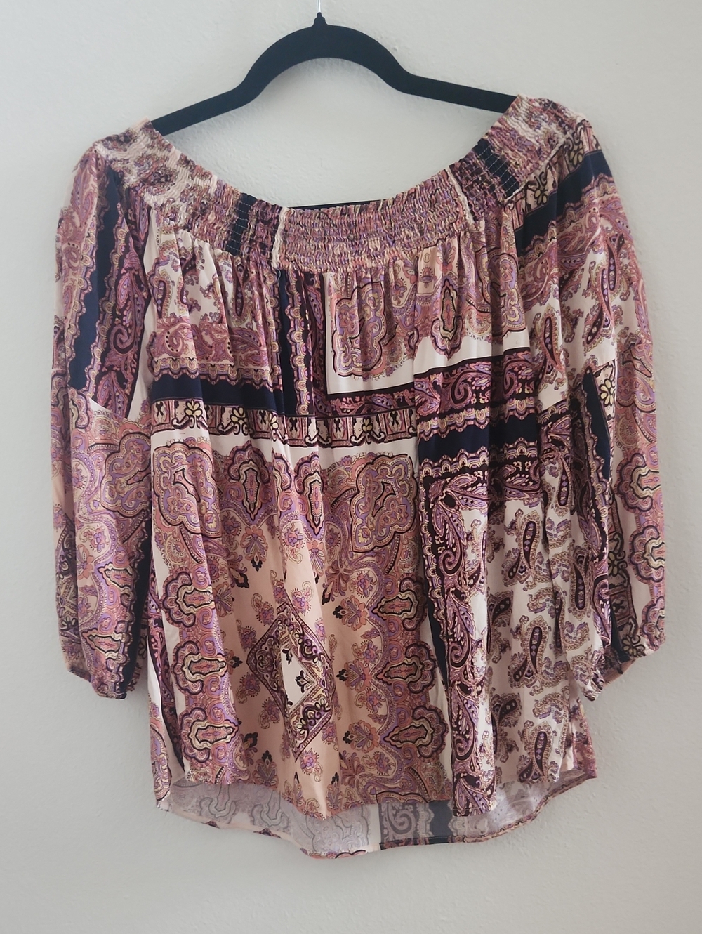 Lascana For Venus Off-Shoulder Viscose Paisley Peasant Top in Pink and Cream